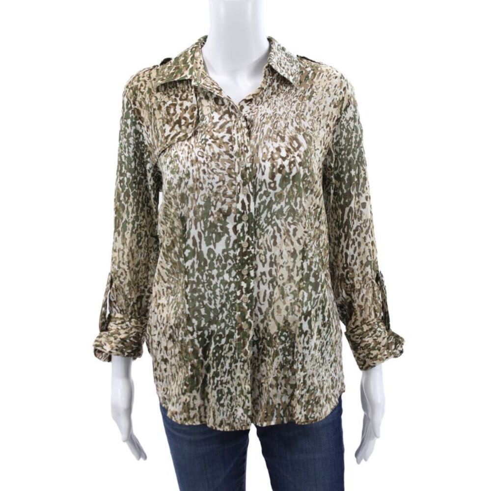 Paper White Women Collared Camouflage Button Up Cotton Blouse Beige Size 10